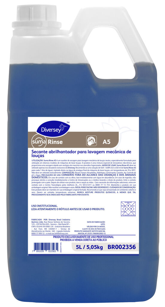 SUMA RINSE 2x5L - SECANTE ABRILHANTADOR PARA LAVAGEM MECÂNICA DE LOUÇAS